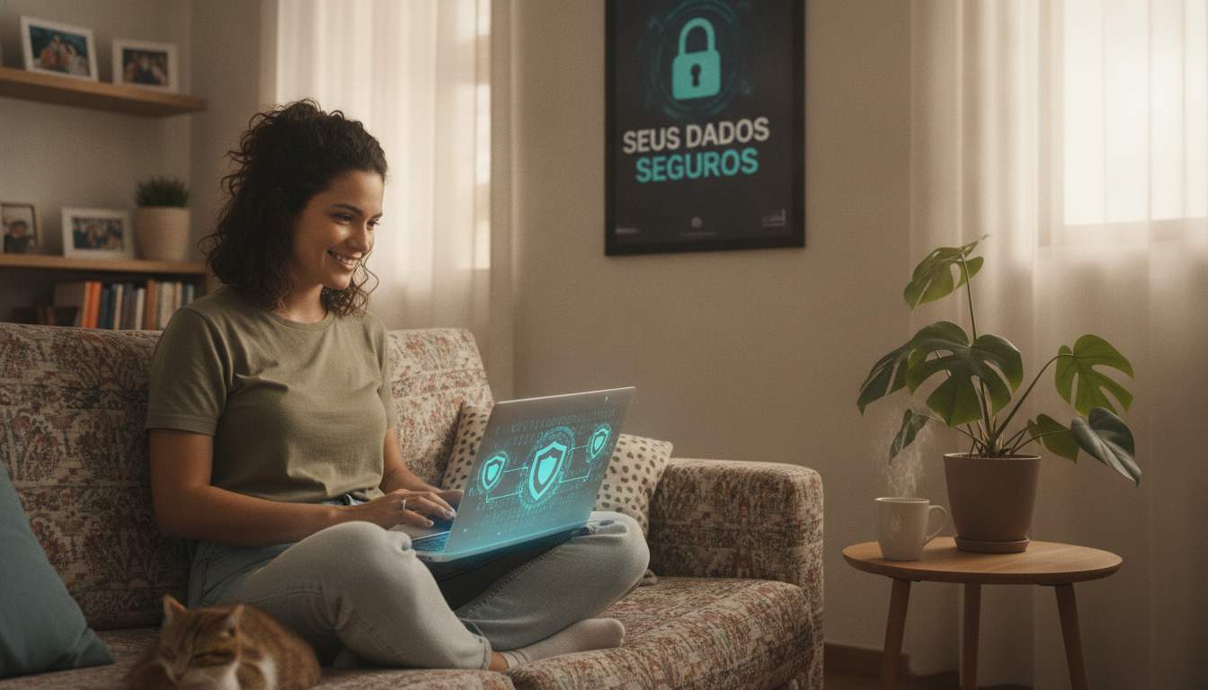 Segurança online Imagem de uma mulher brasileira usando um computador
